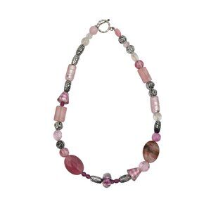 Beaded Pink Silver Tone Choker Necklace With Mixed Glass Beads